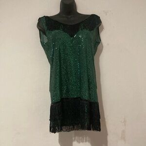 Green Sleeveless Dress, sequins, fringe top . Handmade in pre~loved condition